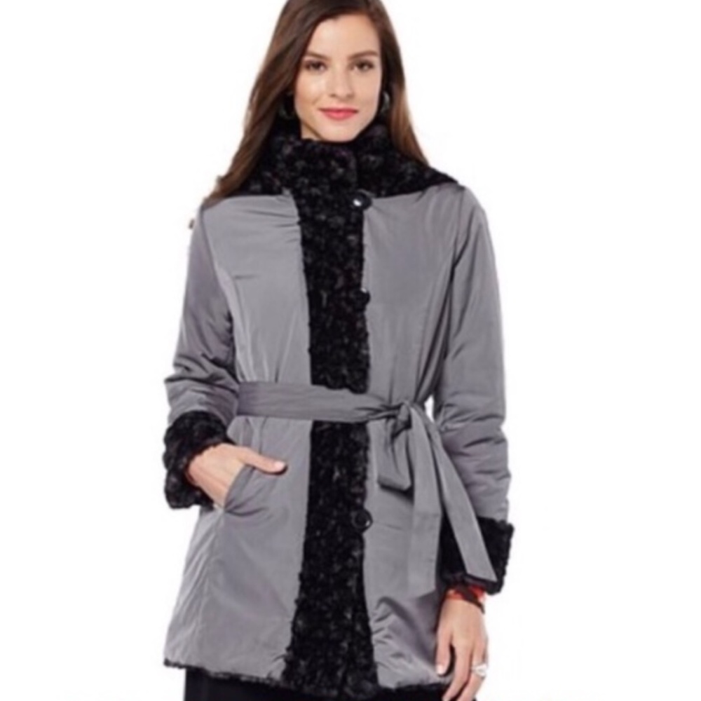New NWT Hal Rubenstein "The Lara" Reversible Coat Grey / Black Women's MEDIUM